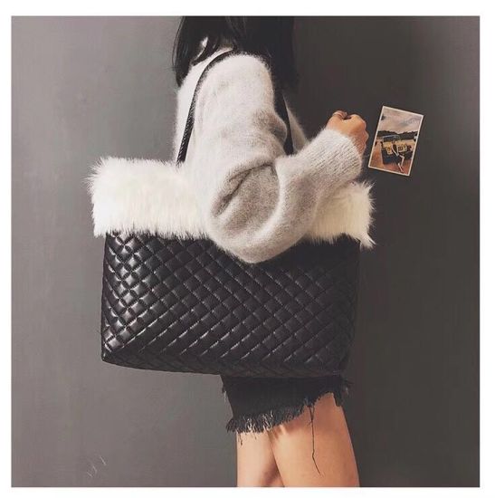 New Winter Fashion Ladies Handbag Fur Trim Classic Handbag Women Tote PU Shoulder Bag
